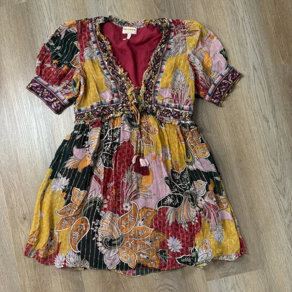 Anthropologie Beaded Shimmer Mini Dress M medium Verb metallic v-neck red yellow